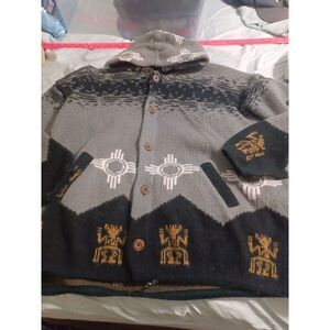 100% Wool Tribal Print Cardigan‎ Size XL Petite Button Front Gray Black
